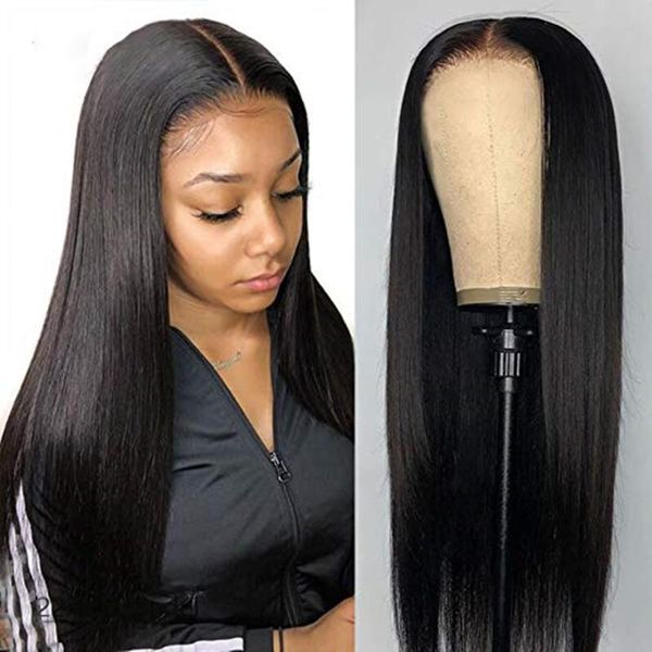 

lace wigs straight t part front wig human hair for black women 4x1 closure middle pre plucked with baby, Black;brown