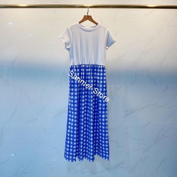 

2021 new azul e branco xadrez feminina midi costura manga curta fino o pescoo bolsos de moda fresca primavera vero vestido sljv, Black;gray