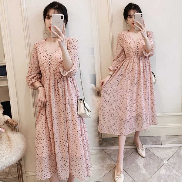 

2021 spring pregnant women v-neck chiffon dress fashion elegant polka dot maternity long dress sweet pregnancy cothes x0902, White