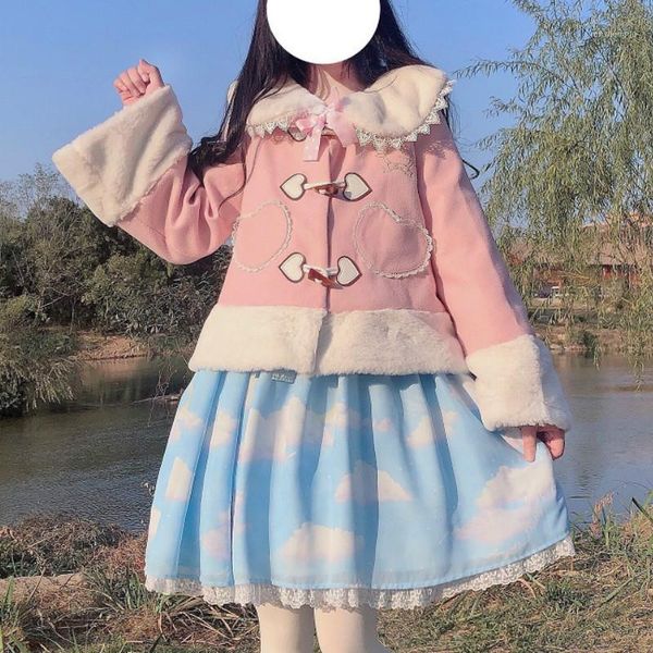 

women's wool & blends autumn winter japanese women sweet lolita coat girls cute turn-down collar lace loose heart shape pocket jackets, Black