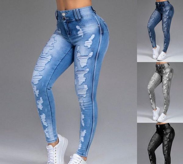 

women's jeans 2021 summer ripped holes are thinning stretch trousers feet pants, Blue