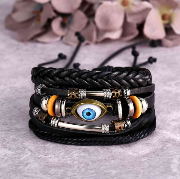 

black men's leather bracelet creative eyes woven leather bracelet set three piece bracelet, Silver
