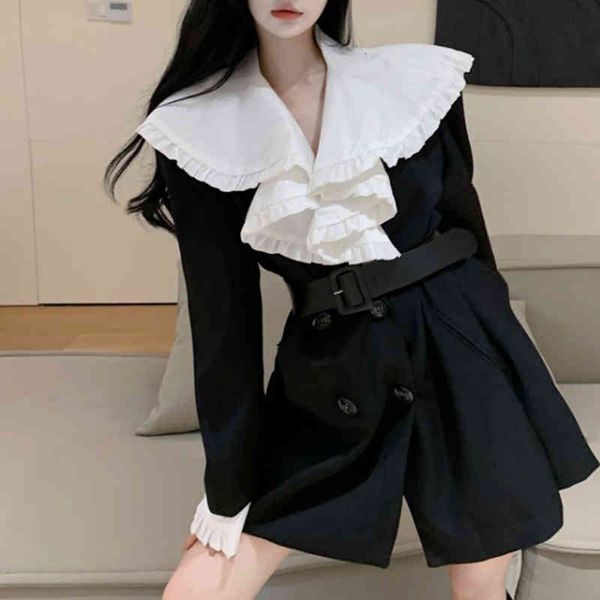

women's suits & blazers [ewq] autumn color contrast ruffled collar black blazer double breasted long sleeve suit coat female fashion 16, White;black