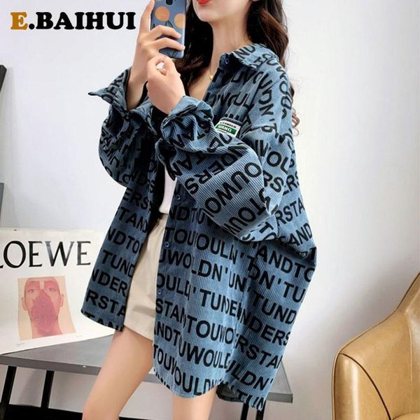 

ebaihui vintage blue shirt corduroy jackets oversize womens loose letter print coat autumn winter plus size casual women jacket, White