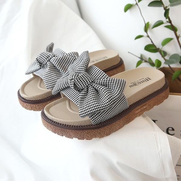 

slippers women round toe platform open sandals houndstooth bow soft sole heightening outdoor casual beach, Black