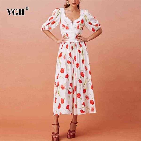 Vintage Weiß Print Sommerkleid für Frauen V-Ausschnitt Laterne Halbarm Hohe Taille Maxi Kleider Weibliche Koreanische Mode Kleidung 210531
