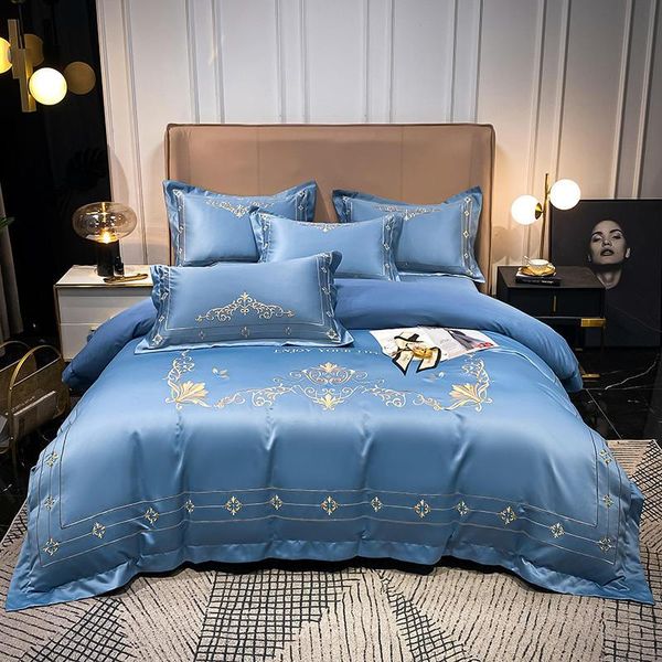 Set di biancheria da letto Luxury Rose Blue Set Copripiumino temperamento corona Seta lavata / Lenzuolo di cotone a fiocco lungo Letto 1,5 / 2,0 m Tessili per la casa