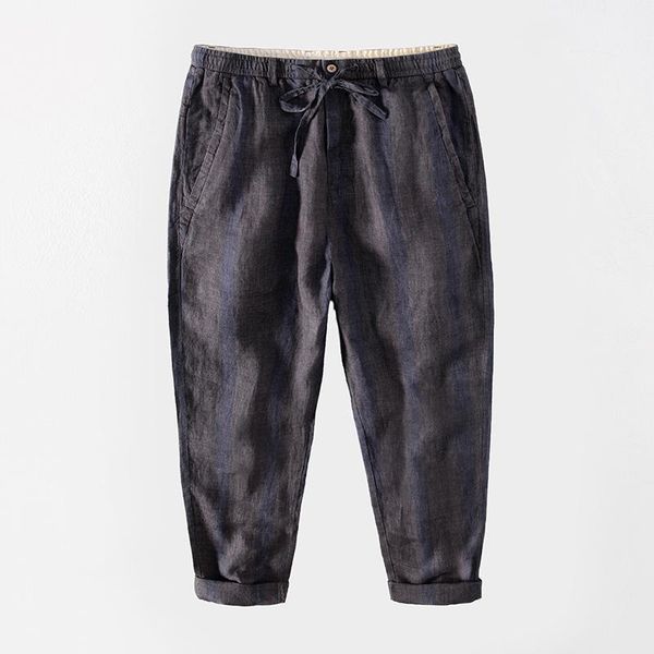 

men's pants l8217 japan style vintage men striped casual ankle-length healthy linen fabric pockets drawstring elastic waist trousers, Black