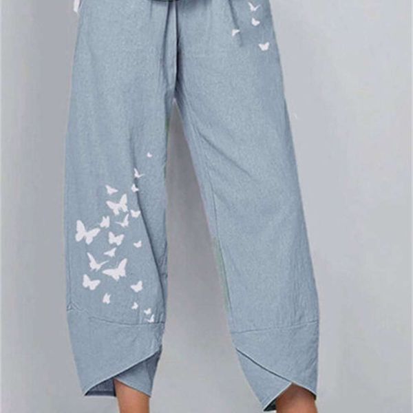 

summer relaxed cotton hemp butterfly print wide leg pants for women, Black;white