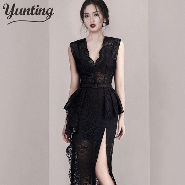 

casual dresses 2021 summer robe femme korean elegant lace cotton dress women sleeveless v-neck embroidered long party, Black;gray