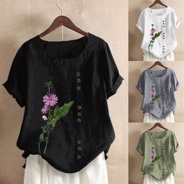 

women's blouses & shirts 2021 summer round neck short sleeve blouse fashion flower printed casual vintage pullover blusas mujer de moda, White