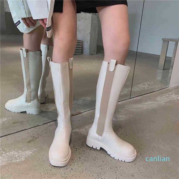 

boots mixed colors chunky platform long knee riding women round toe motorcycle chelsea thigh shoes, Black