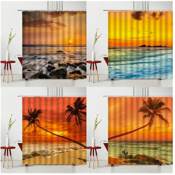 

shower curtains landscape sunset dusk beach coconut tree bathroom decor waterproof polyester fabric bathtub curtain set