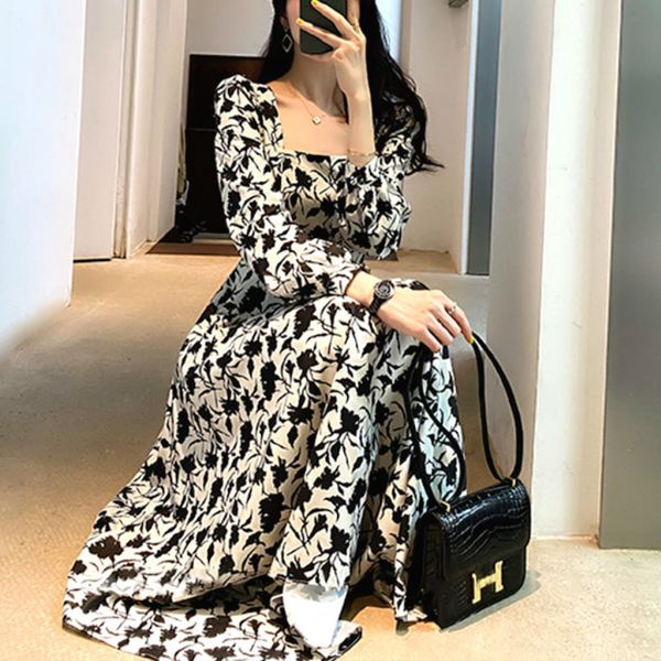 

2021 new floral midi autumn elegant chiffon party female vintage hepburn style irregular fall women clothing 3qbp, Black;gray