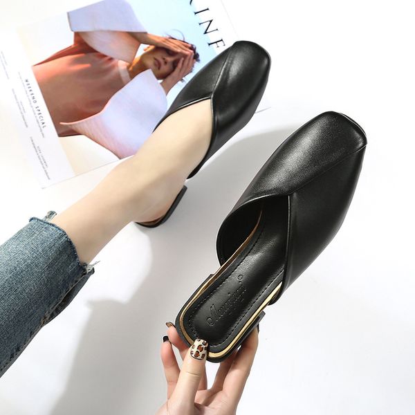 

muller shoes women autumn new korean version of wild square head retro toe half drag thick heel with sandals, Black