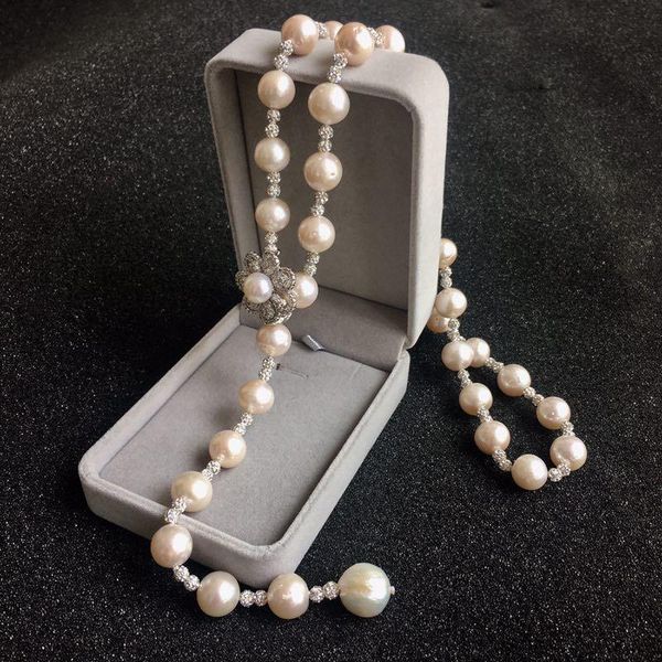 

pendant necklaces edison natural pearls necklace 74cm long with flower clasp 11-12cm big pearl elegant women jewelry gifts, Silver