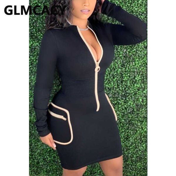 

women casual long sleeve zipper front bodycon dress 210702, Black;gray