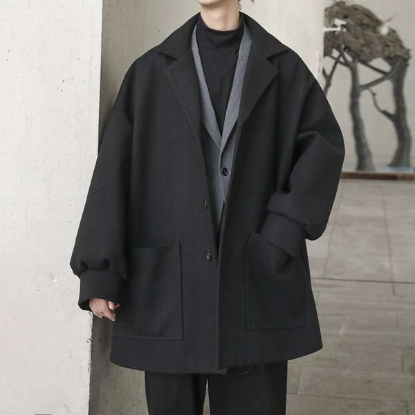 

autumn and winter medium long windbreaker men's thickened trend korean loose casual couple short tweed coat, Black