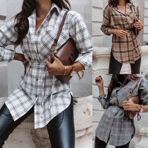 

women's shirt oversized autumn plaid cotton blends long sleeve female shirts loose single breasted plus size women blouse 210225, White