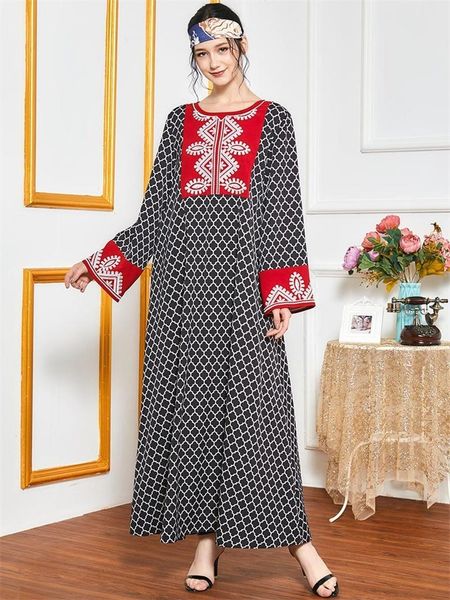 

ethnic clothing embroidered plaid long dress elegant full sleeve loose muslim arabic turkey maxi dresses fall moroccan kaftan vestiods, Red
