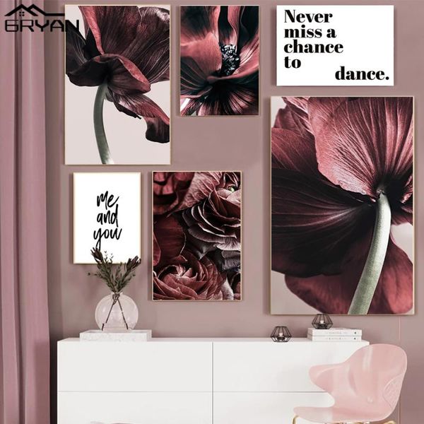 

botanical red flower petal close up canvas prints painting nordic plant floral stem motivational quote poster wall art picture