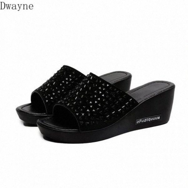 

2020 new slippers women summer fashion wear muffin thick bottom word beach shoes wedge heel rhinestone sandals and slippers p6ze#, Black