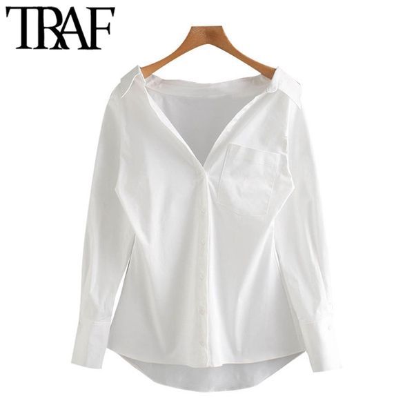 

traf women fashion with pockets asymmetric blouses vintage long sleeve button-up female shirts chic 210719, White