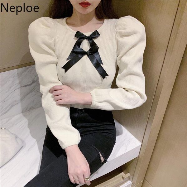 

women's sweaters neploe sweet for women o-neck puff sleeve bow knitting pullovers ropa de mujer 2021 korean chic slim fit jumper, White;black