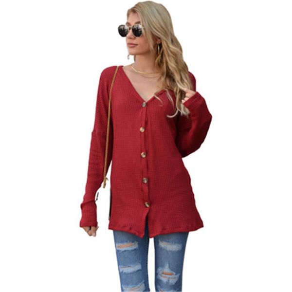 

womens waffle knit t-shirt fashion trend long sleeve v-neck cardigan designer female autumn new single-breasted casual loose tshirt, White