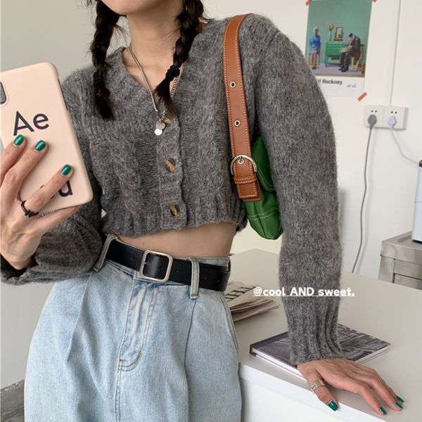 

short lazy style retro twist gray cardigan jacket women's 2021 autumn new sweater 1fmg, White;black
