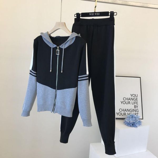 

women's two piece pants amolapha woman zipper knit hooded sweaters+pants tracksuit long sleeve casual jackets trousers sets, White