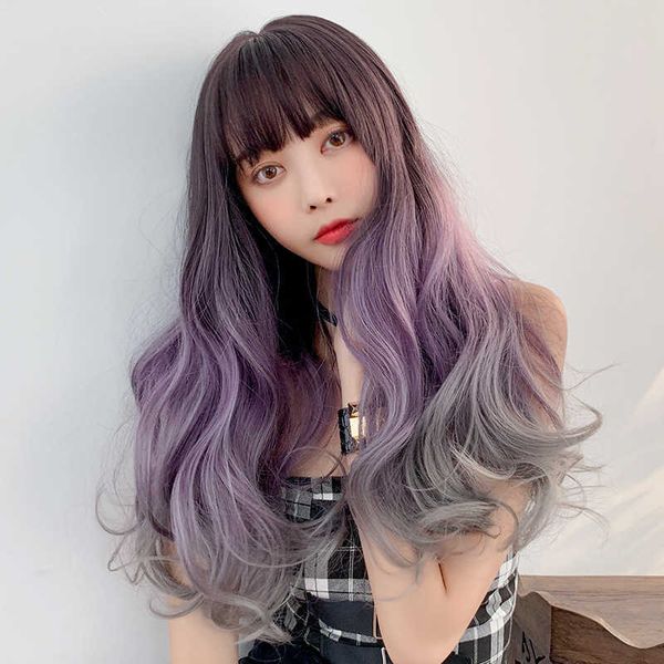 

wig female big wave gradient long curly hair, Black