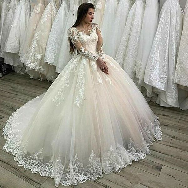 

lace appliques tulle wedding dresses long sleeve bridal gown sweep train, White