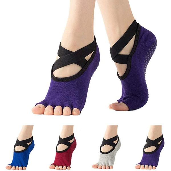 

sports socks women yoga with grips for non skid pilates ballet dance toeless slip sticky fitness equipment, Black