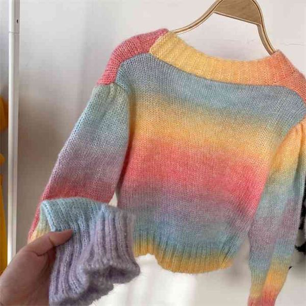 

2021 autumn winter new korean gentle wind jacket women short all-match rainbow striped knitted cardigan sweater uk462, White;black