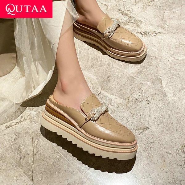 

qutaa 2021 string bead wedge heel female slides sewing square toe platform summer women shoes summer slingback sandals size34-39, Black