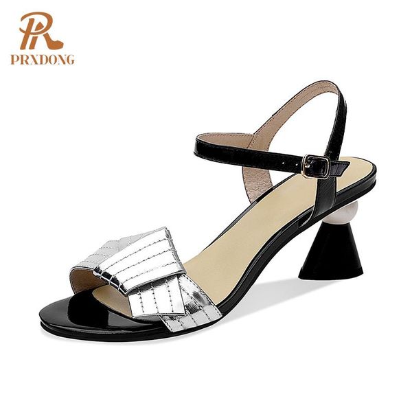 

sandals women genuine leather ladies summer heel party dress shoes woman pumps silver biege size 42, Black