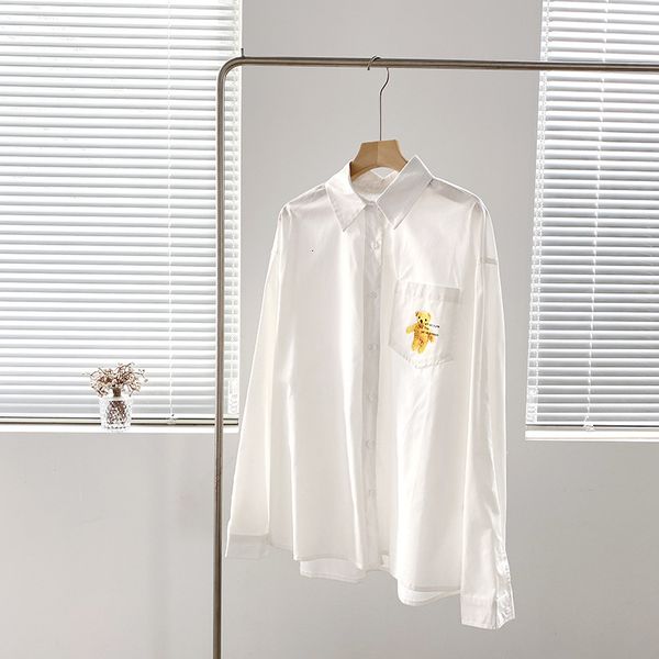

2021 spring boyfriend style women shirts bear print new korean loose long sleeve fashion cardigan rvej, White