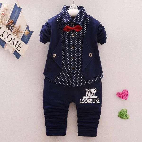 

spring new shirt children's wear boys' set lapel wave dot baby boy's fake two piece vt, White