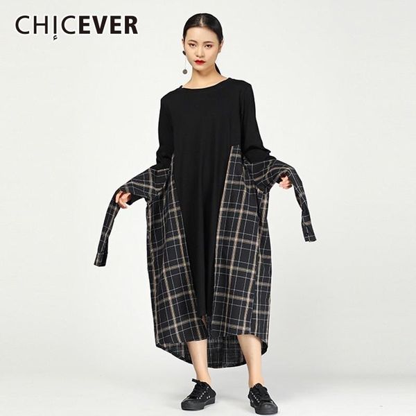 

casual dresses chicever patchwork plaid for women o neck long sleeve loose asymmetric hem midi dress fashion clothes, Black;gray