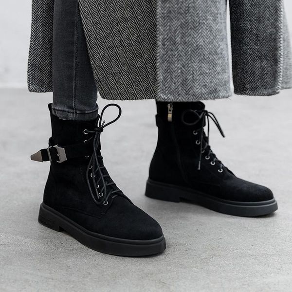 

boots 2021 ankle motorcycle for women black suede buckle strap lace up low chunky heels winter shoes plus size