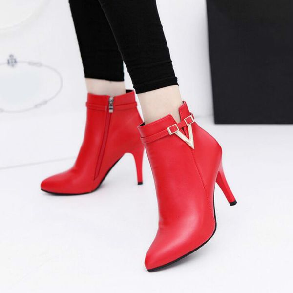 

spring fall thin stiletto high heels pointed toe of fake foot leather with pants women's boots mujer 789 mnce, Black