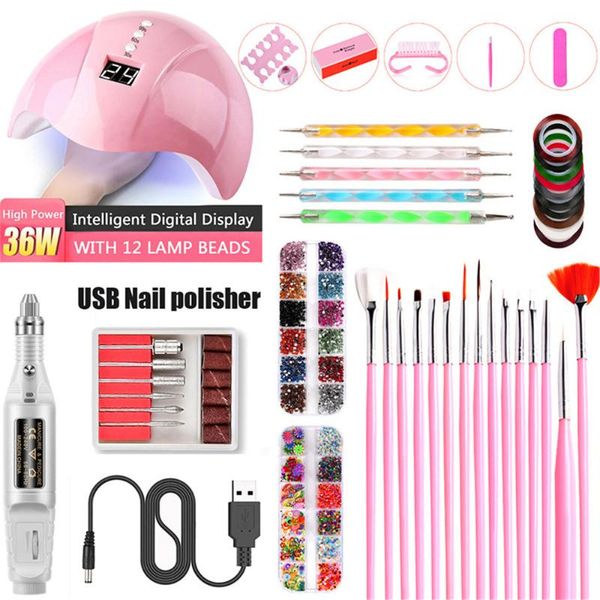 

nail art kits manicure set uv led lamp acrylic stickers drill pen file machine brushes tools sets