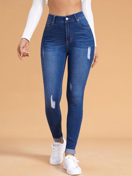 

high waist ripped skinny jeans h0mp#, Blue