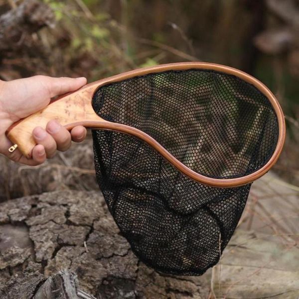

mounchain fishing landing net burl wooden handle net rubber coat catch & release
