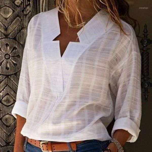 

fashion women star v-neck blouse shirt long sleeve female tee cotton linen blusas feminine blouses women's & shirts, White