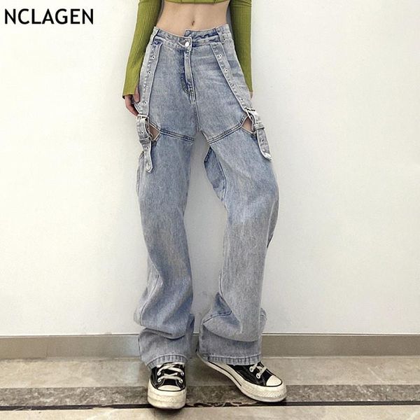 

women's jeans nclagen 2021 elegant women pants asymmetry cut hollow out vintage disco denim trousers femme aesthetic hip hop, Blue