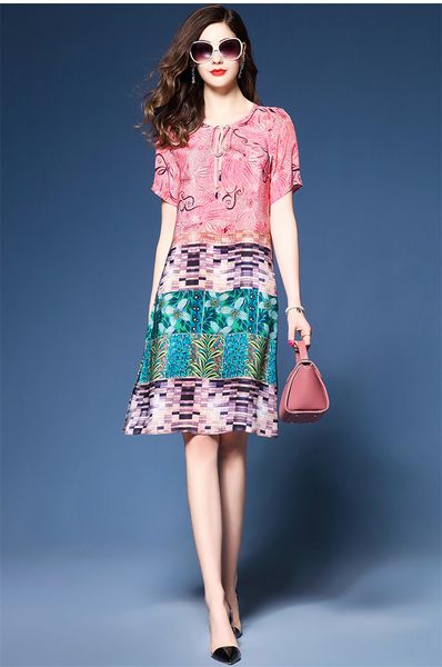 

2021 new silk vintage fashion print floral women short sleeve casual slim pink summer es plus size vestido wxf992 mnvr, Black;gray