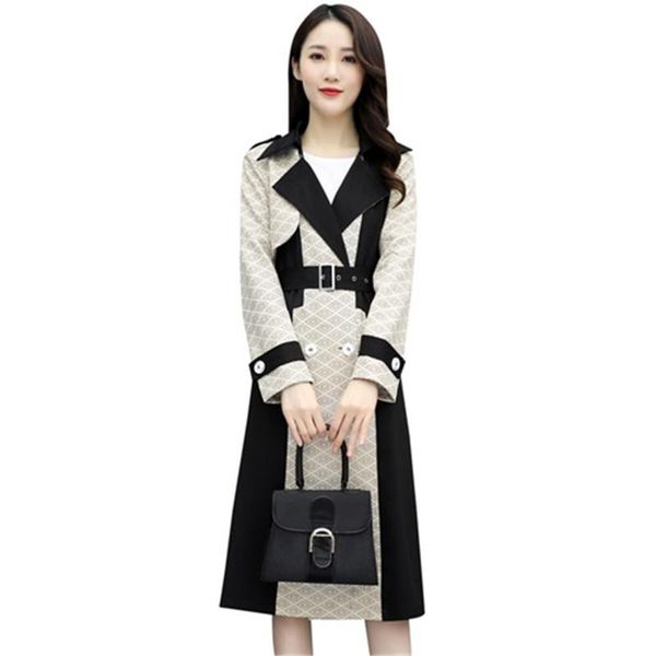 

women's trench coats female windbreaker spring autumn coat color matching mid long outerwear vintage british style suede, Tan;black