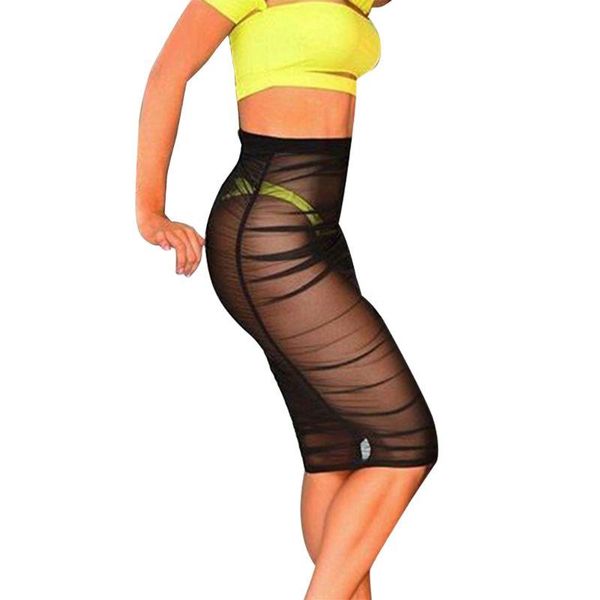 

skirts womens high waist sheer mesh swim skirt bikini bottom cover up package hip knee length pleated swimsuit clubwear, Black